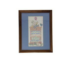 Vintage Framed Humpty Dumpty Cross-Stitch Nursery Rhyme Wall Art Needlepoint